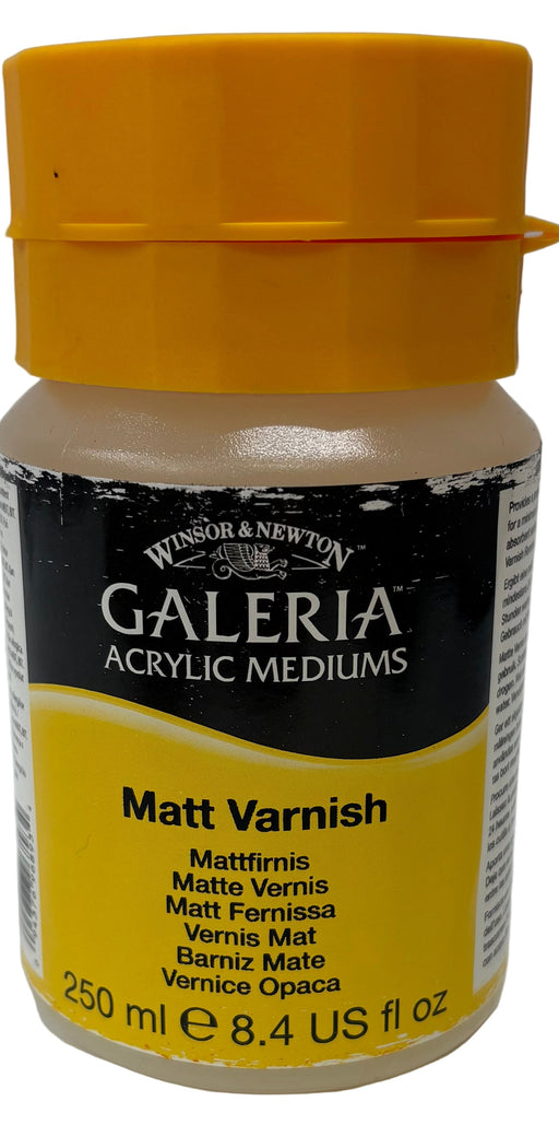 Bottle of Galeria Matt Varnish with yellow cap and label on a white background