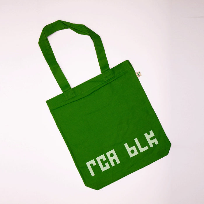 Green canvas tote bag with RCA BLK Marquee on one side, and wordmark on the other.