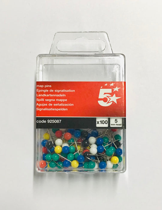 Map Pins 5mm Head Assorted Colours (pack of 100)